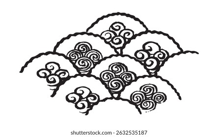 Padrão abstrato tradicional preto estilo japonês illustration.Seigaiha com traçados de pincel. Conceito de mar e ondas