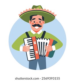 Traditional accordion player illustration in flat style 