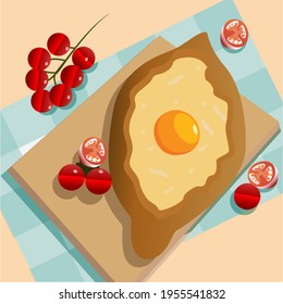 The traditional Adjarian and Georgian dish is khachapuri. Freshly baked tortillas with cheese and egg, decorated with cherry tomatoes, on a napkin. Vector flat illustration