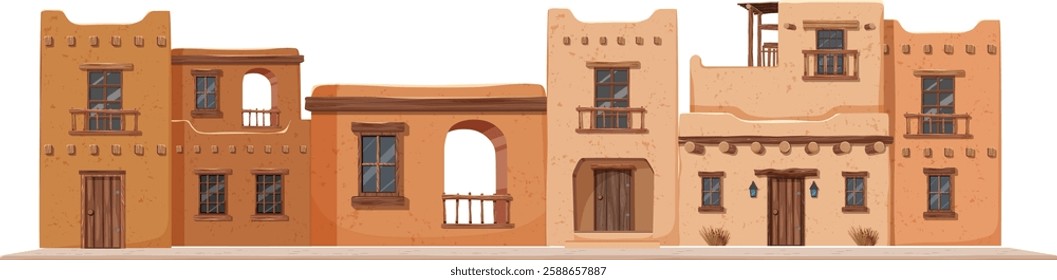 Traditional adobe buildings with wooden accents