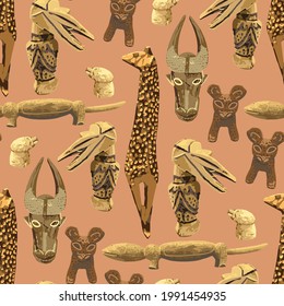 Traditional African culture attributes. Ancient wooden sculptures of humans. Vector repeated seamless pattern