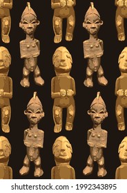 Traditional African culture attributes. Ancient wooden sculptures of humans. Vector repeated seamless pattern