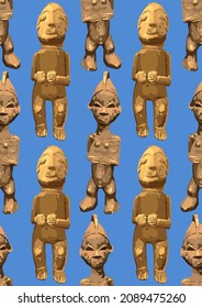 Traditional African culture attributes. Ancient wooden sculptures of humans. Vector repeated seamless pattern