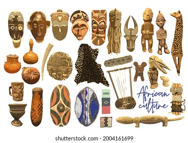 Traditional African culture attributes. Collection of vector historical stuff isolated on a white background.