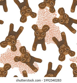 Traditional African culture attributes. Vintage sculpture of a wooden baby leopard. Vector repeated seamless pattern