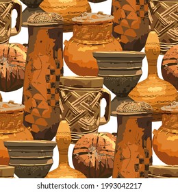 Traditional African culture attributes. Vintage vases. Vector historical stuff. Repeated seamless pattern