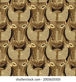 Traditional African culture attributes. Vintage ritual wooden bull masks. Vector repeated seamless pattern