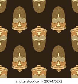 Traditional African culture attributes. Vintage ritual wooden masks. Vector repeated seamless pattern