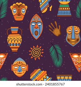 Traditional african elements. Decorative ethnic and ritual masks, tribal kenya crafts, clay vessels with ornaments, vector seamless pattern.eps
