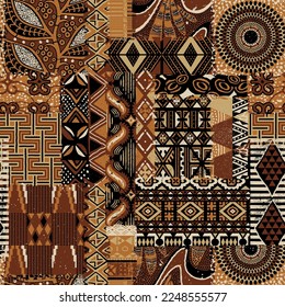 Traditional African fabric patchwork wallpaper vintage abstract vector seamless pattern