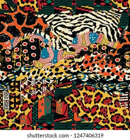 Traditional african fabric and wild animal skins vector seamless pattern