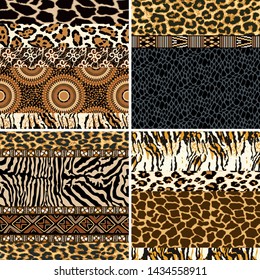 Traditional African fabric and wild animal skin patchwork collection of four abstract vector seamless pattern