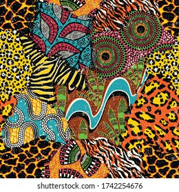 Traditional african fabric and wild animal skins patchwork vector seamless pattern