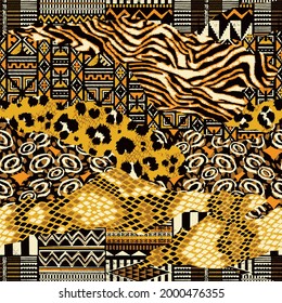 Traditional African Fabric And Wild Animal Skins Abstract Vector Seamless Pattern Patchwork Wallpaper