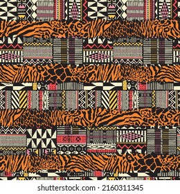 Traditional african fabric and wild animal skins patchwork vector seamless pattern