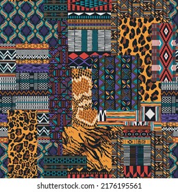 Traditional african fabric and wild animal skins patchwork abstract vector seamless pattern