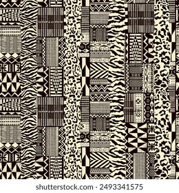 Tela africana tradicional y pieles de animales salvajes patchwork Vector abstracto patrón sin costuras para llevar alfombra camisa toalla mantel almohada alfombra de envoltura