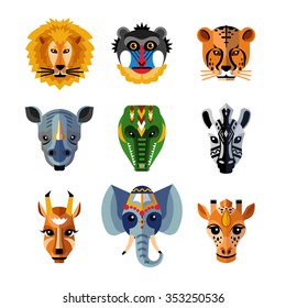 Traditional african facial masks shaped as wild jungle animals heads flat icons collection abstract isolated vector illustration