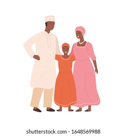 Traditional african family in national clothing vector flat illustration. Mother, father and daughter posing in ethnic clothes isolated on white. Cartoon parents and child smiling together