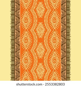 Traditional African Geometric Pattern with Spirals, Eyes, and Tribal Borders in Vibrant Orange and Earthy Hues textile, prints, phone case, greeting card, background, printed fabrics