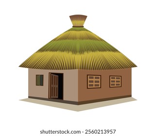 Traditional African hut with conical straw roof - rural village house vector illustration for architectural design