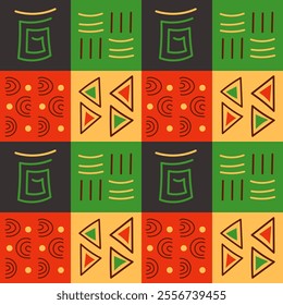 Traditional African inspired geometric pattern with vibrant colors and abstract shapes. Vector illustration in folk style for Black History month