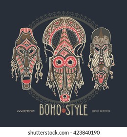 Traditional african masks. Card for boho style, can be used us party invitation or us ethnic shop business cards. Vector illustration