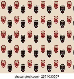 Traditional African Masks  Seamless pattern on Beige background  Black and Red Masks Vector  pattern