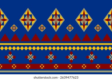 Traditional African Motif Geometric Folklore Style Pattern Border with Elaborate Design Ornament Red Yellow On Royal Blue Background. Chevron Ethnic Tribal Origin Striped Textiles Bedding Fabric Dress