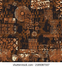 Traditional African Motifs Patchwork Wallpaper Grunge Abstract Vector Seamless Pattern