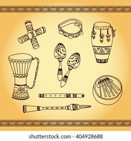 Traditional African musical instruments. Hand draw graphic illustration.