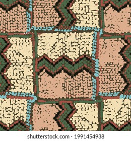 Traditional African ornament of zigzag and patchwork elements. Vector repeated seamless pattern.