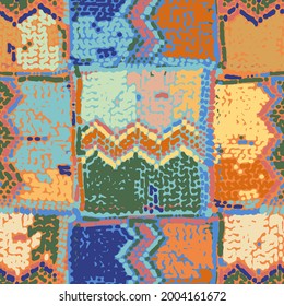 Traditional African ornament of zigzag and patchwork elements. Vector repeated seamless pattern.