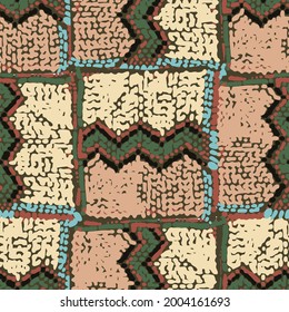 Traditional African ornament of zigzag and patchwork elements. Vector repeated seamless pattern.