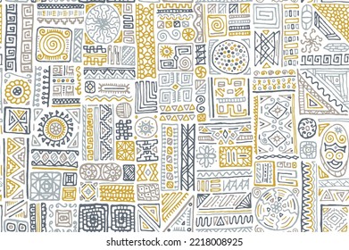 Traditional african vector seamless ornament. Dress fabric print design. African or aztec ethnic tribal hand drawn swatch. Oriental doodle patchwork. Cotton cloth print pattern.