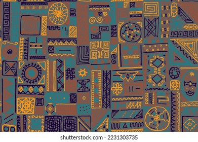 Traditional african vector seamless ornament. Fashion fabric print design. African or peruvian ethnic tribal hand drawn swatch. Maze doodle patchwork. Summer dress print ornament.