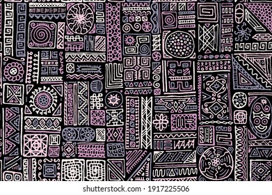 Traditional African Vector Seamless Pattern. Dress Fabric Print Design. African Or Mayan Ethnic Tribal Hand Drawn Swatch. Simple Doodle Patchwork. Zig Zag Stitch Triangle Elements Texture.