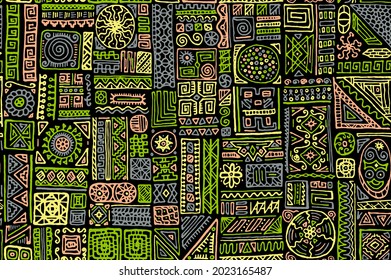 Traditional african vector seamless pattern. Apparel textile print design. African or aztec ethnic tribal hand drawn swatch. Creative doodle patchwork. Mix shapes geometry collage.