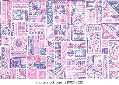 Traditional African Vector Seamless Pattern. Cloth Fabric Print Design. African Or American Ethnic Tribal Hand Drawn Swatch. Vintage Doodle Patchwork. Seamless Pattern With Hipster Motifs.