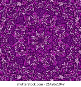 Traditional african vector seamless pattern in purple. Cloth fabric print design. African or american ethnic tribal hand drawn swatch. Vintage doodle patchwork. Seamless pattern with hipster motifs.
