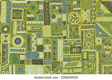 Patrón invariable del vector africano tradicional. Diseño de impresión de tela. Vegetación hecha a mano por la etnia marroquí africana. Papel de garabato elegante. Mezclar el collage de formas geométricas.