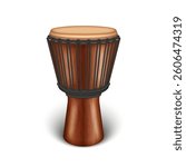 Traditional African wooden djembe drum with rope tuning side isometric view isolated on white background vector 3d object, ethnic handcrafted African percussion music instrument with goatskin drumhead