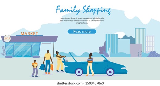 Traditional Afro-american Family Loading Purchases to Cabriolet Car Open Trunk on Noctidial Supermarket Parking after Weekend Shopping. Parents Kids Cartoon Flat Vector Illustration, Horizontal Banner