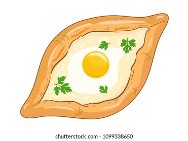 Traditional ajarian and georgian dish - khachapuri. Freshly baked flat bread filled with cheese and egg, leaves of parsley on top, isolated on white background. Vector hand drawn illustration.