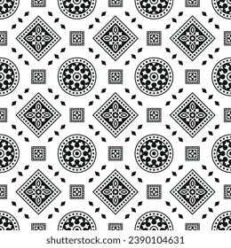 Traditional ajrakh seamless black and white Pattern, Vector illustration