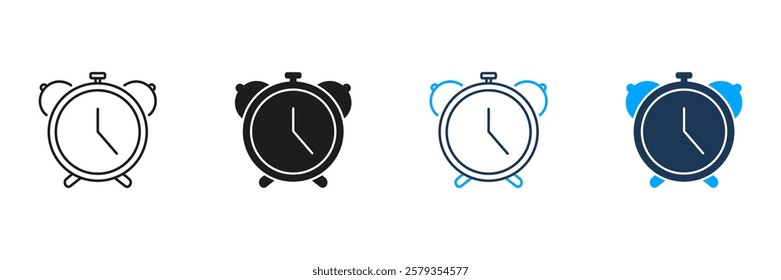 Traditional Alarm Clock Line and Silhouette Icon Set. Morning Wake Up Timer Symbol. Classic Alarm Clock, Time Reminder. Timekeeping and Wake Up Device. Editable Stroke. Isolated Vector Illustration.