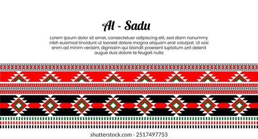 Padrão tradicional de tecelagem Al-Sadu - design tribal vermelho e preto. Kuwait, Emirados Árabes Unidos, Arábia Saudita, Qatar, Omã, Barém.