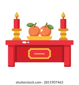 Traditional altar table with candles and offerings.