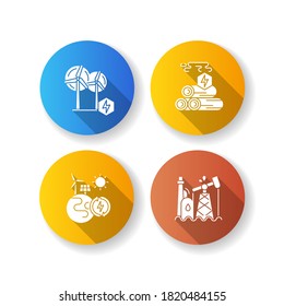 Traditional and alternative energy flat design long shadow glyph icons set. Wood energy, oil refinery and renewable power stations. Natural resources use. Silhouette RGB color illustrations