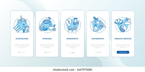 Traditional alternative medicine onboarding mobile app page screen with concepts. Homeopathy, ayurveda walkthrough five steps graphic instructions. UI vector template with RGB color illustrations